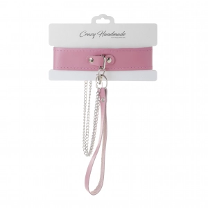 Ошейник с кольцом + поводок "Crazy Handmade" розовый, кожа